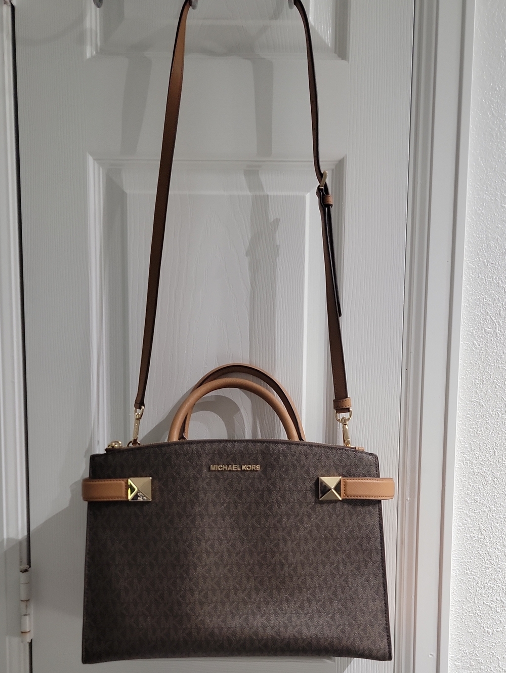Michael Kors Brown & Tan Logo Satchel with Gold Accents